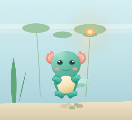 Een kleine axolotl drijft rustig in een vijver met lelieblad en een zacht licht.